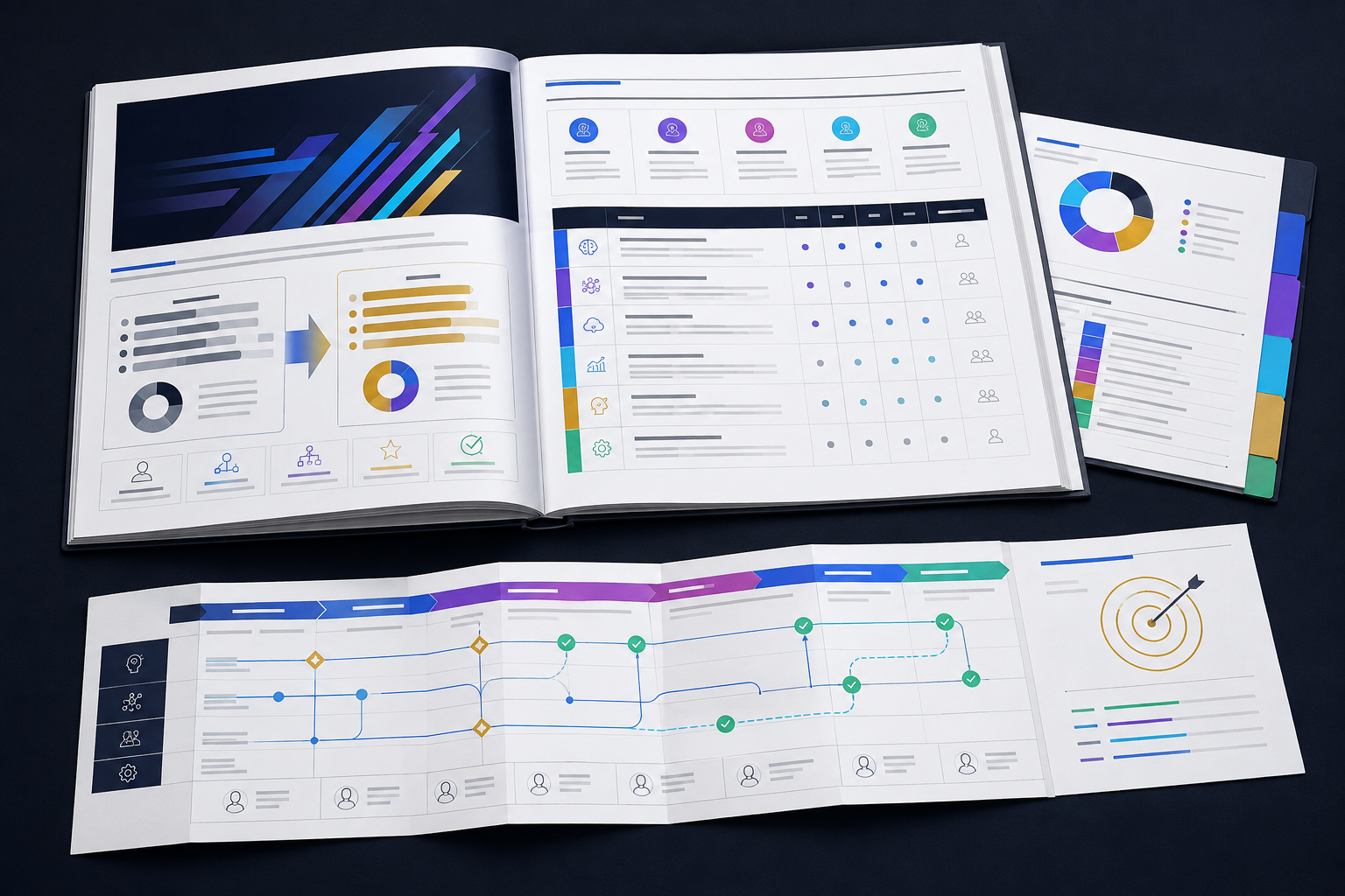 Printed strategy reports, a tabbed folder, and a folded roadmap.