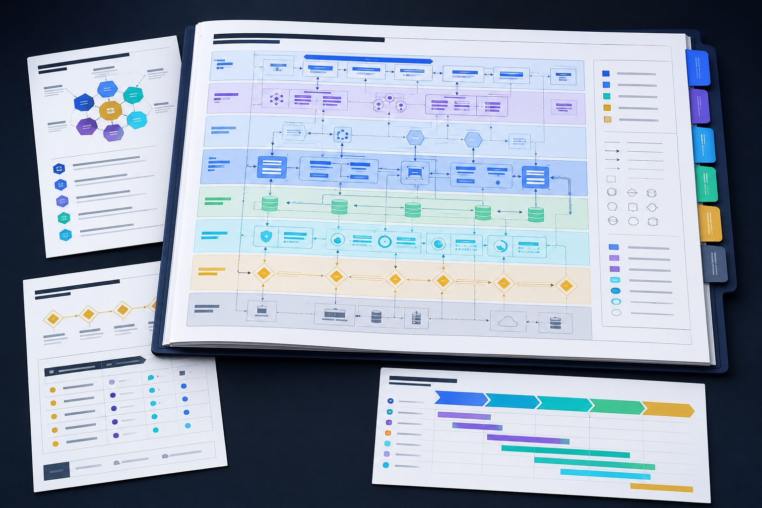 Open architecture binder with color-coded layers and planning sheets.