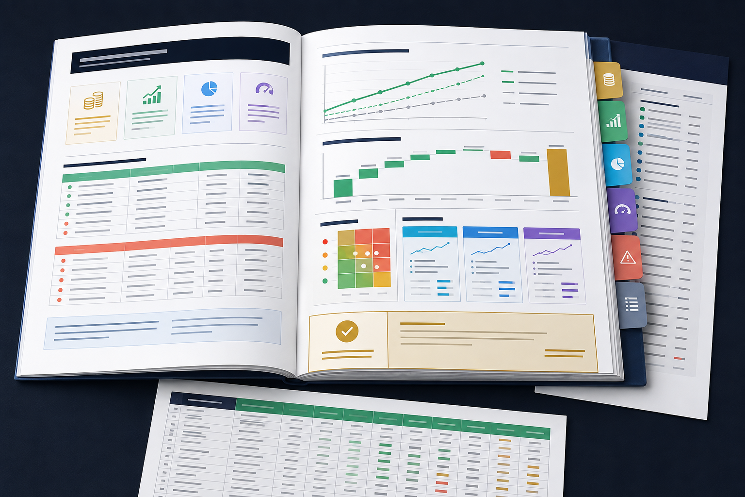 Open investment report with charts, tables, and a heatmap.