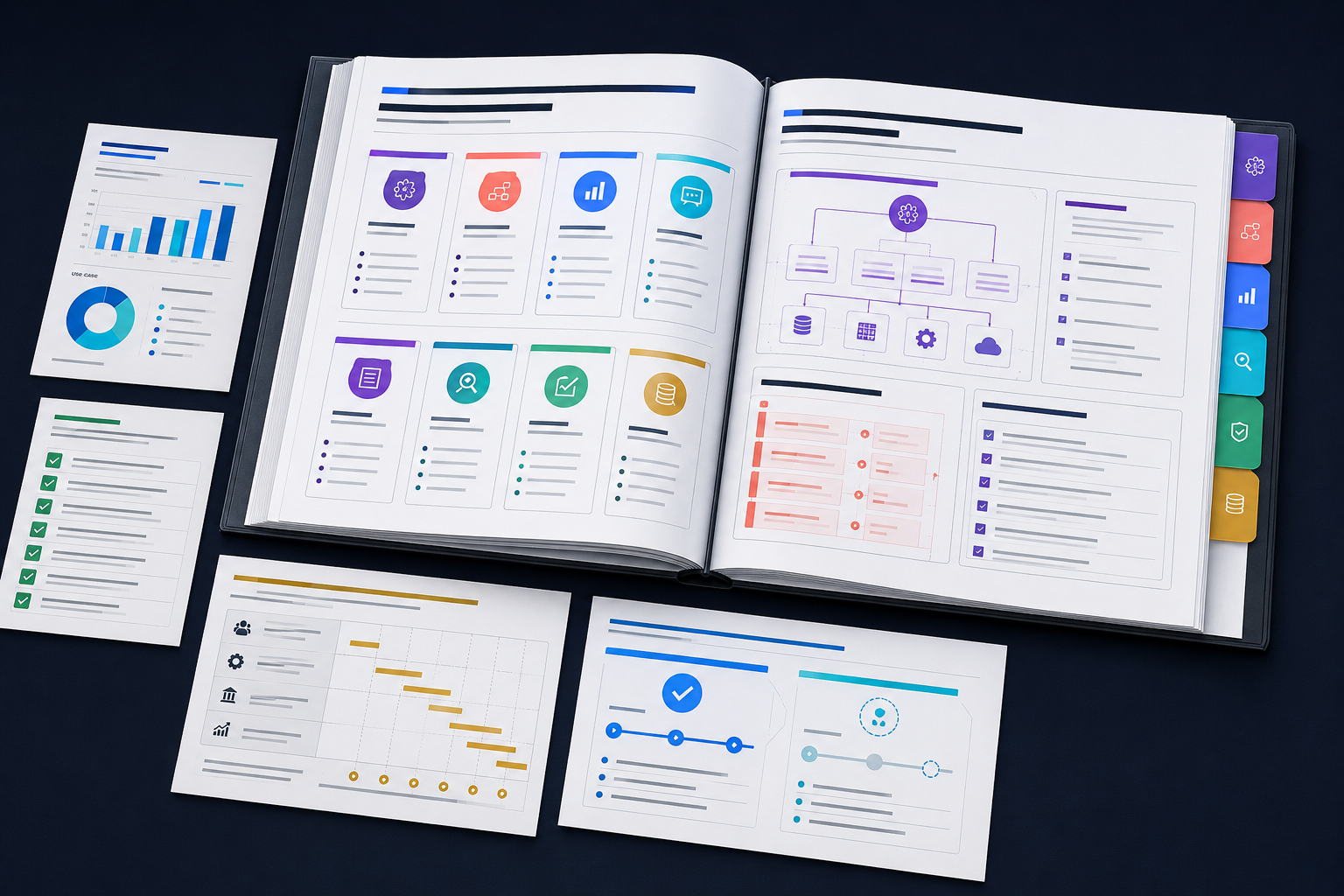 Open binder with module cards, a use-case chart, and timeline sheets.