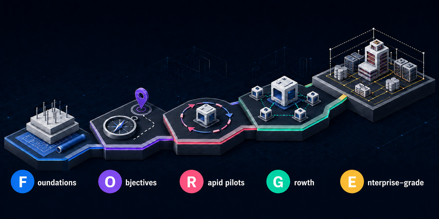 FORGE five-stage graphic showing Foundations, Objectives, Rapid pilots, Growth, and Enterprise-grade.