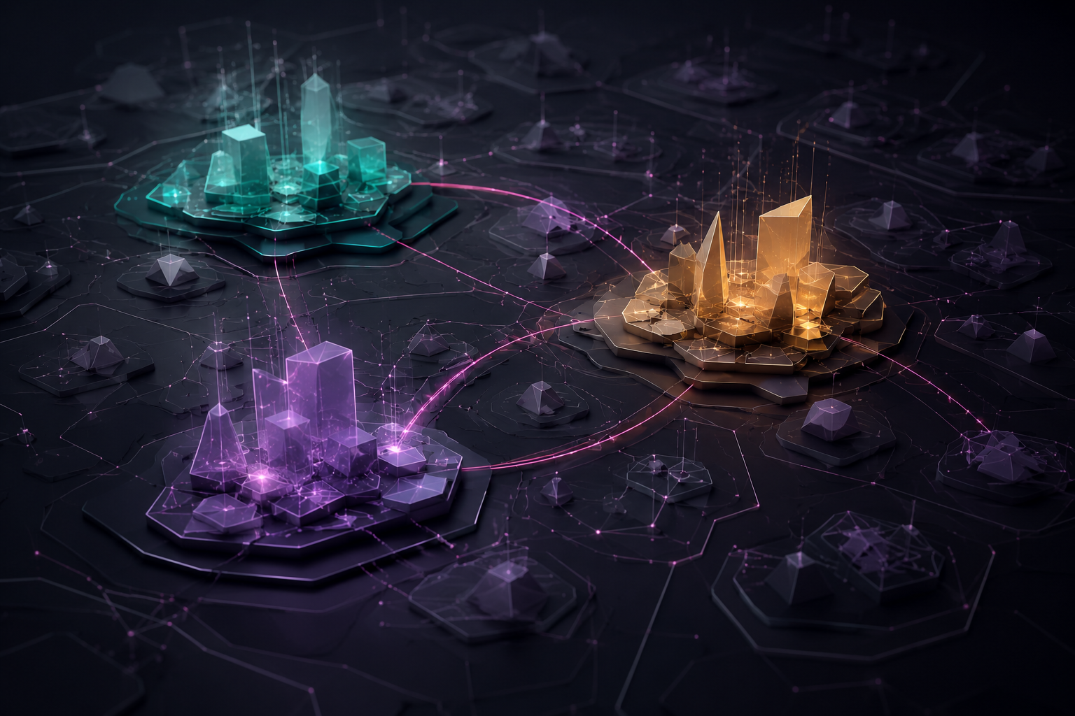 Three glowing hubs on a dark grid, linked by magenta arcs.