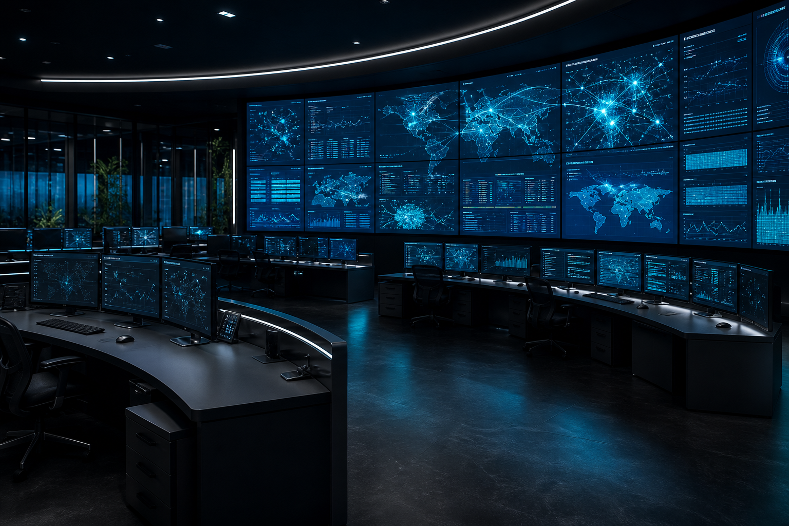 A Security Operations Center with a video wall and empty analyst consoles.